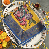 Vriksham Colorful Lotus Art Hand Printed With Blue Horse Border Pen Kalamkari Saree-VS4796